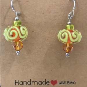 ARTISAN LAMPWORK EARRING - 925 STERLING SILVER DANGLE AMBER GREEN RONDELLE BEADS